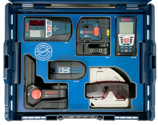 Bosch lasermålere organisert i L-BOXX med blått HDFI-innlegg